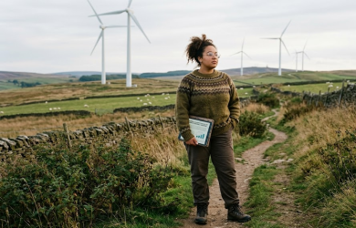 Woman with clipboard standing on rural path near wind turbines, analysing renewable energy, wearing sweater and boots