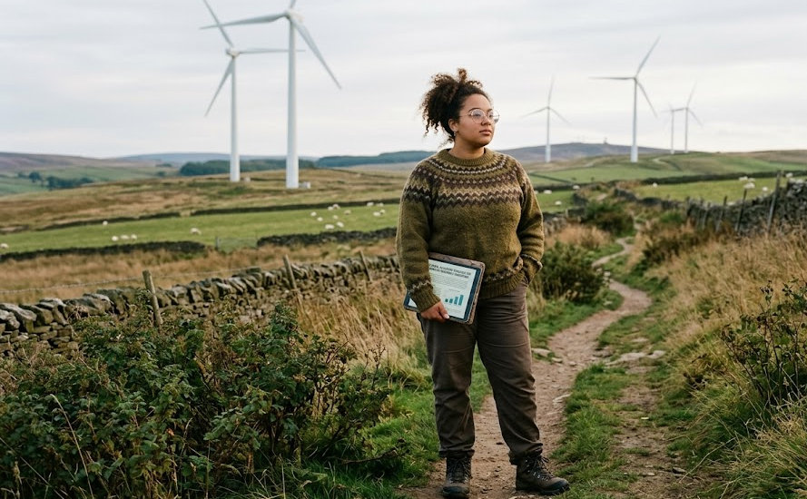 Woman with clipboard standing on rural path near wind turbines, analysing renewable energy, wearing sweater and boots